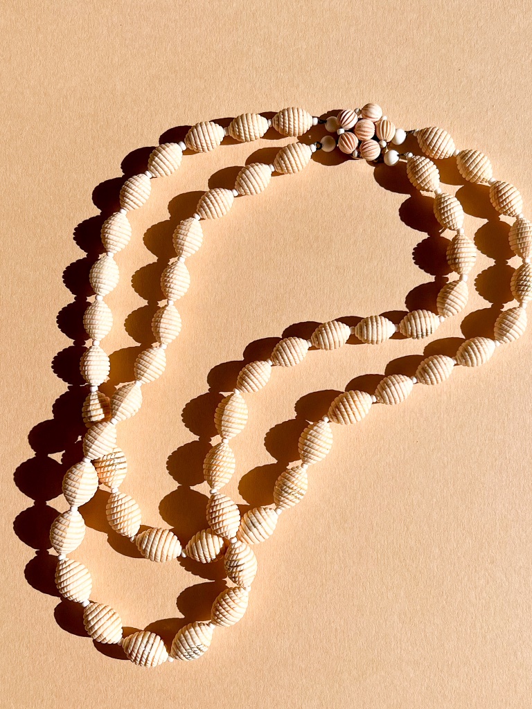 Vintage 1960s Double-Strand Etched Cream Beaded Necklace